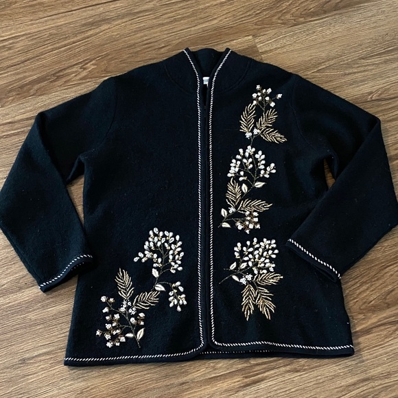 Coldwater Creek boiled Wool Boucle embroidered Beaded Zip Cardigan Sweater 1X - Picture 1 of 9